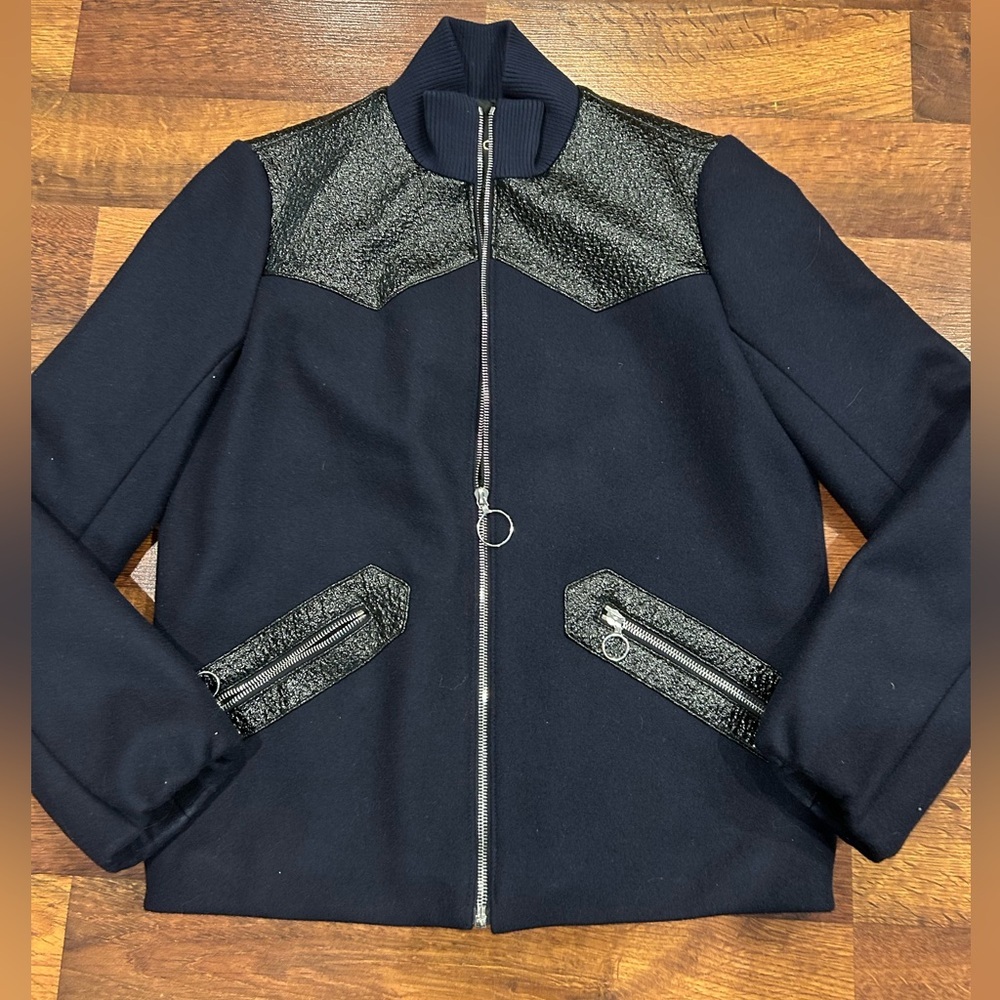 Maje Navy Blue Biker Blousson Zipper Wool Jacket EU Size 40 US Size 4
